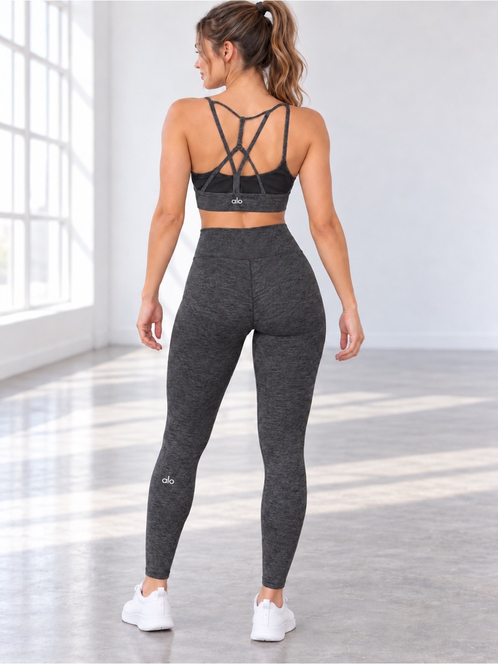 Alo Yoga Charcoal Heather Sports Bra S High Rise Leggings M Matching Set
